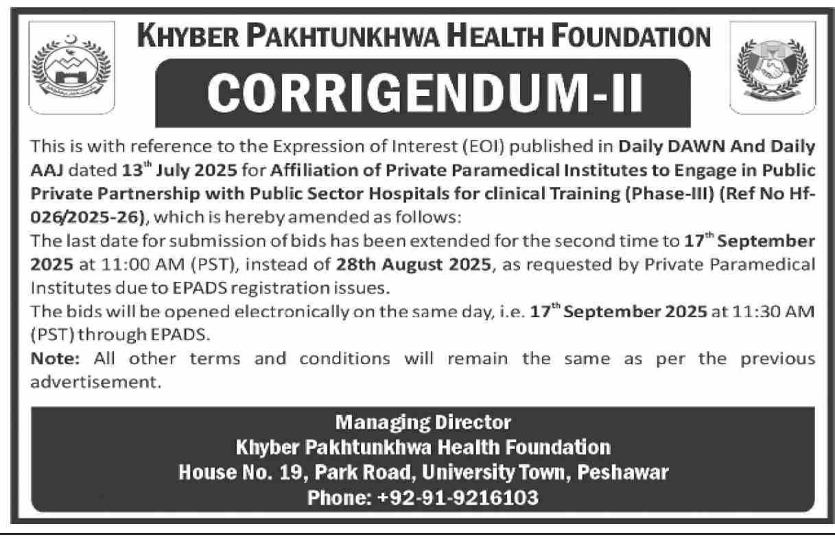 Khyber Pakhtunkhwa Health Foundation Tender Notice